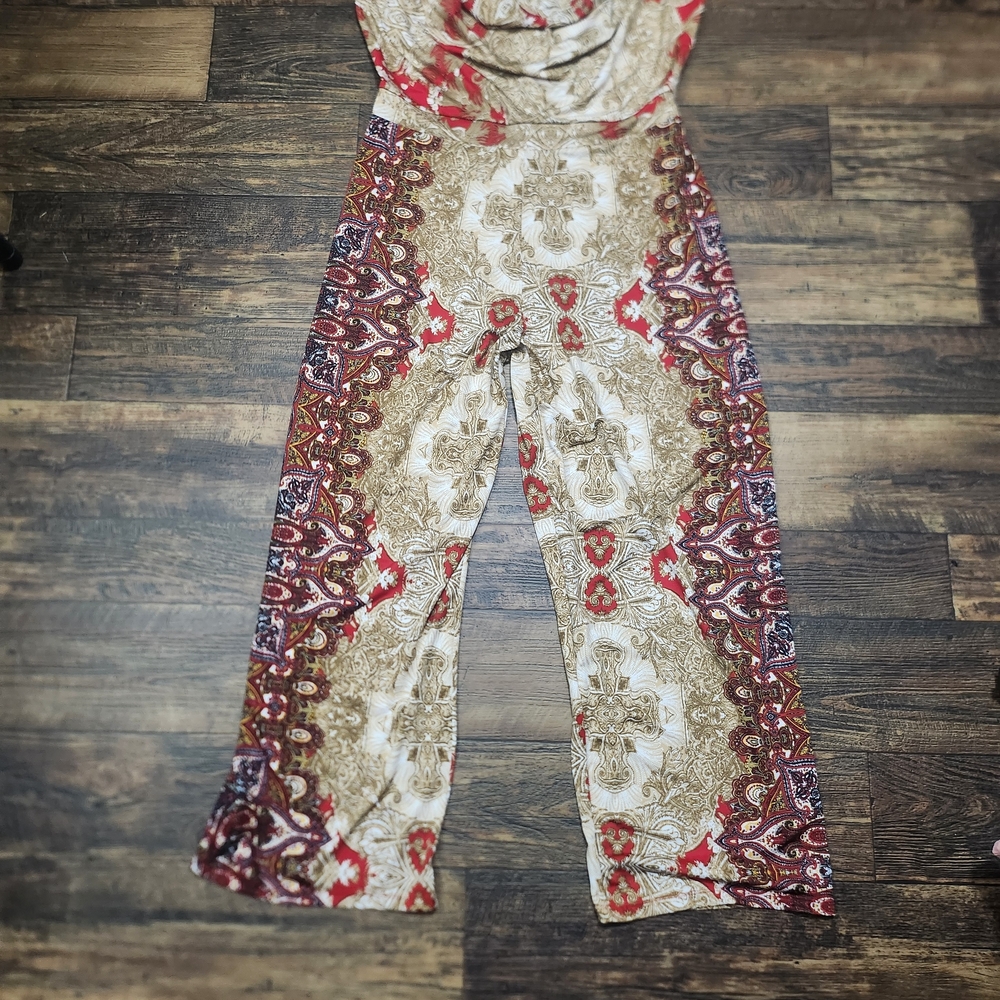 Ashley Stewart Red and Gold Patterned Jumpsuit